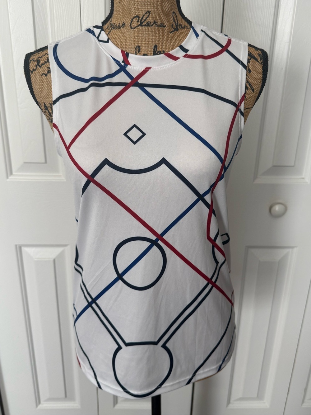 DSG White Sleeveless Tank with Navy & Red Geometric Lines